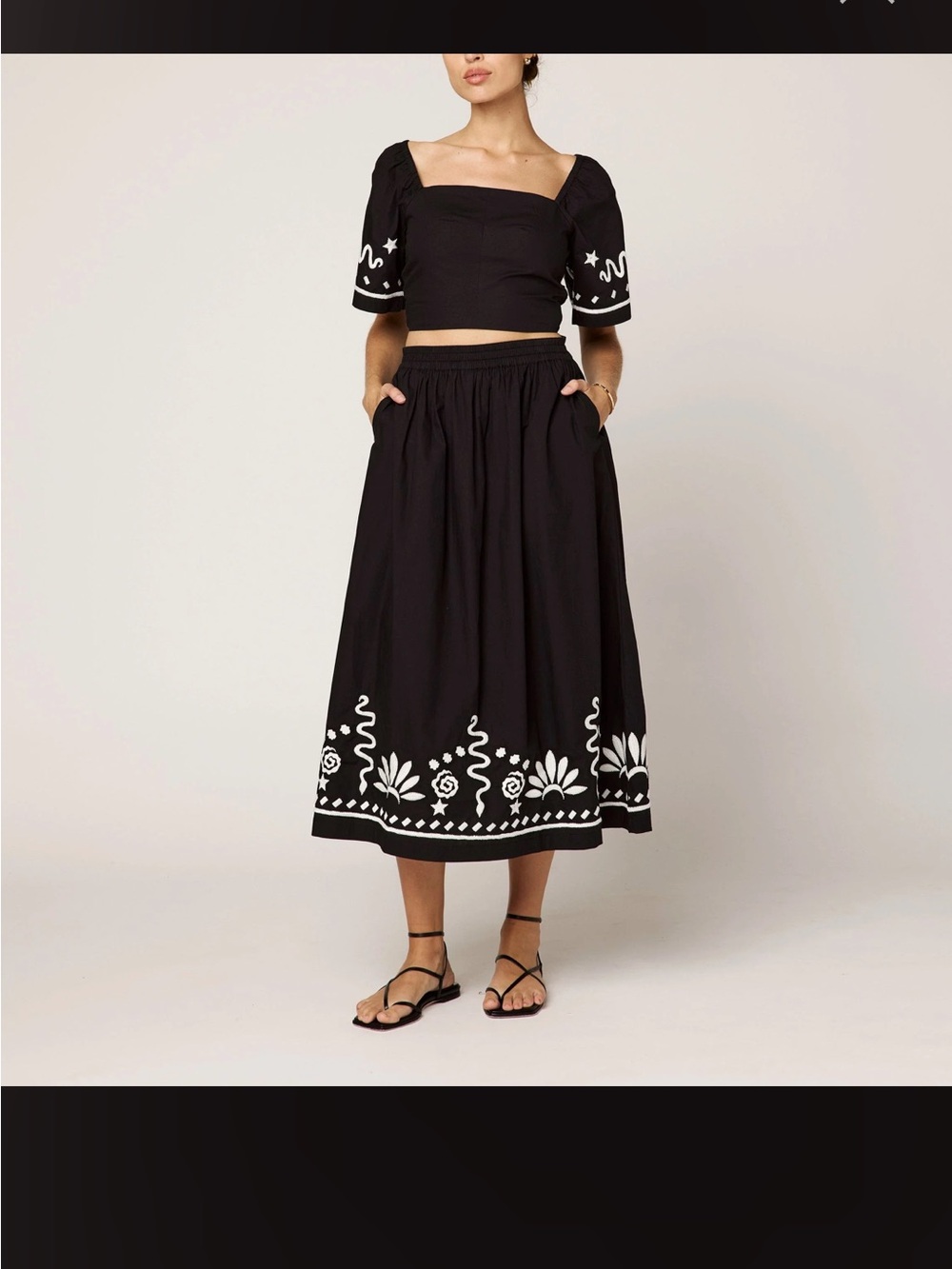 Cleobella Black Midi Skirt and Top with White Embroidered Hem